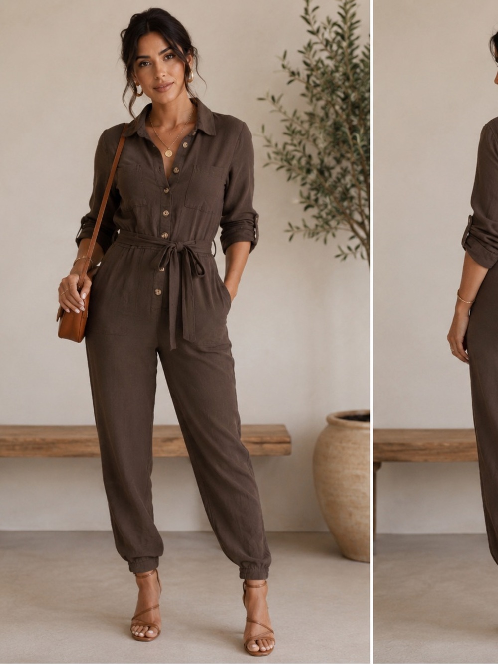 All in Favor Olive Utility Button-Front Jumpsuit Size S